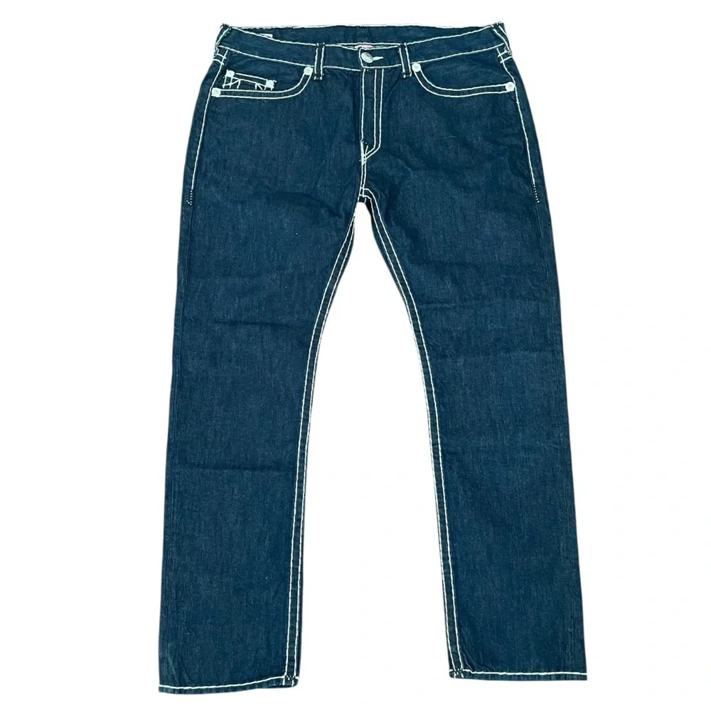 True Religion Geno Super T Jeans Mens 42x34 Dark Blue Straight Leg Button Fly